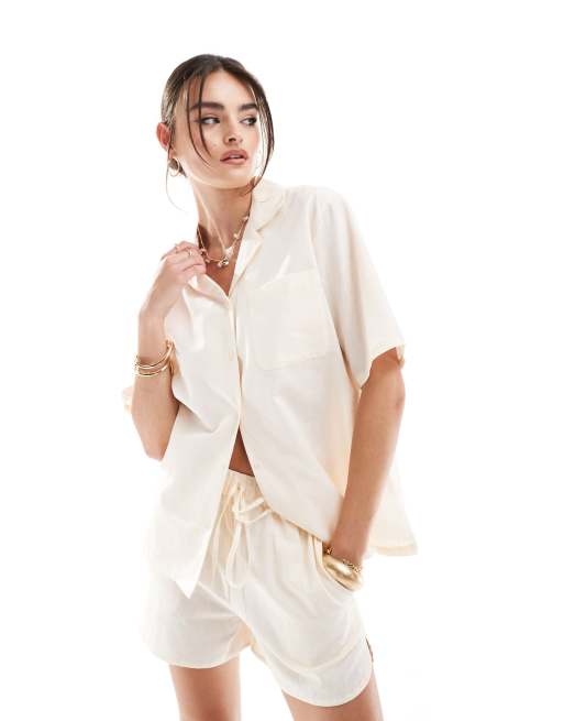 Esmee Exclusive beach short sleeve shirt in cream (part of a set)