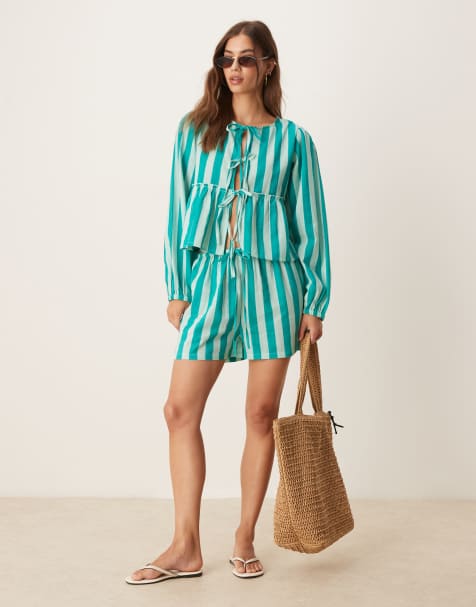 Esmee Exclusive beach shorts co-ord in green stripe - view 1