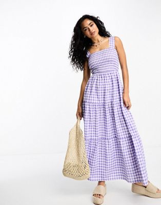 Esmee Exclusive beach smock maxi summer dress in lilac gingham