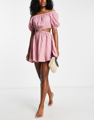 Esmee Exclusive beach square neckline mini summer dress with cut out detail at waist in dusty rose