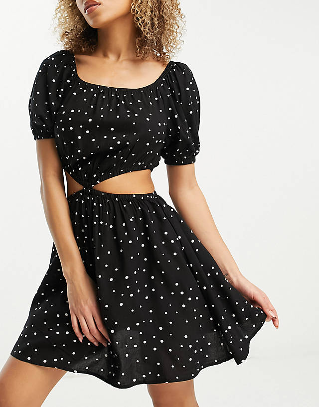 Esmée - Esmee Exclusive beach square neckline mini summer dress with cut out detail in black polka dot