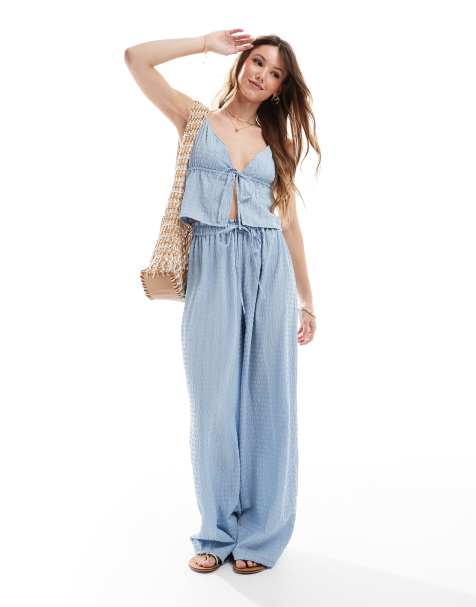 Esmee Exclusive beach textured tie front set in dusty blue - view 1