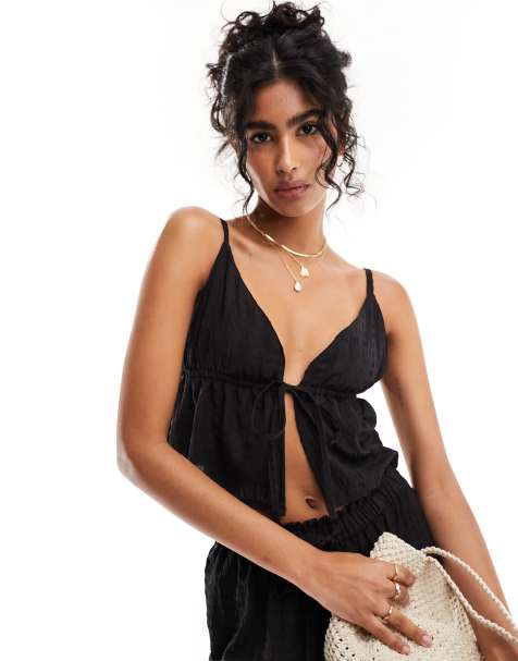 Esmee Exclusive beach textured tie front top co-ord in black - view 1