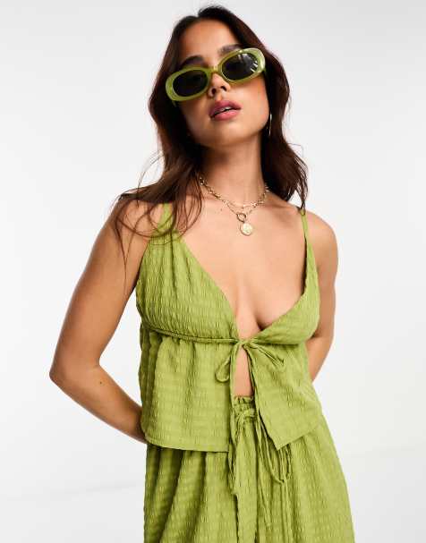 Esmee Exclusive beach textured tie front top co-ord in green - view 1
