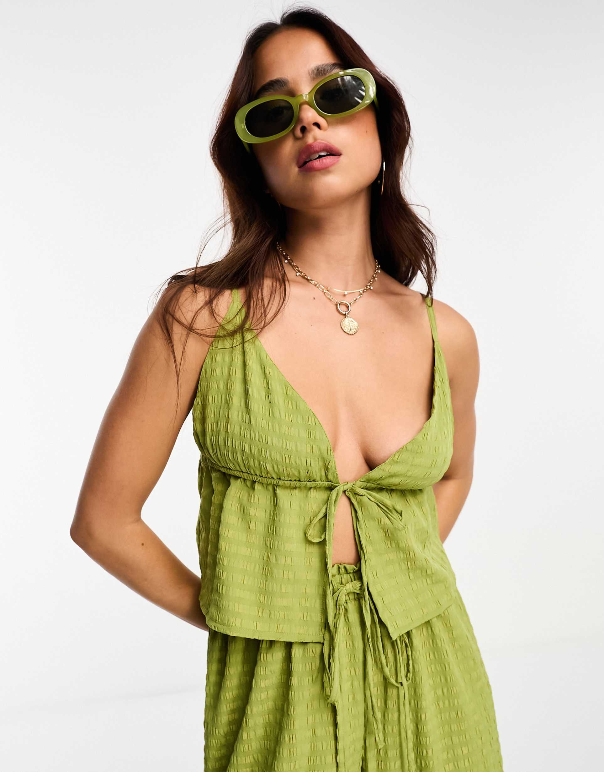 esmée exclusive beach textured tie front top in green - part of a set