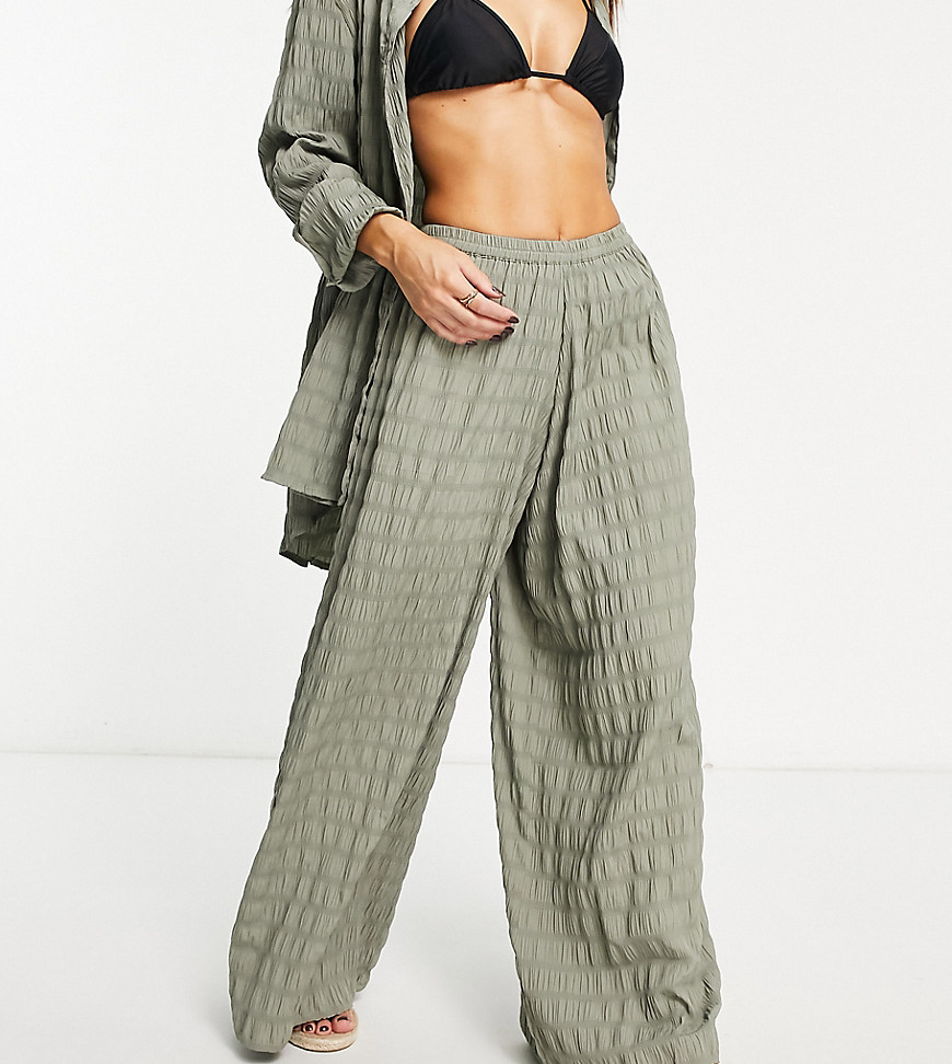 Esmee Exclusive beach textured wide leg trouser co-ord in aloe-Green
