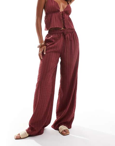 Esmee Exclusive beach textured wide leg trouser co-ord in cherry red - view 1