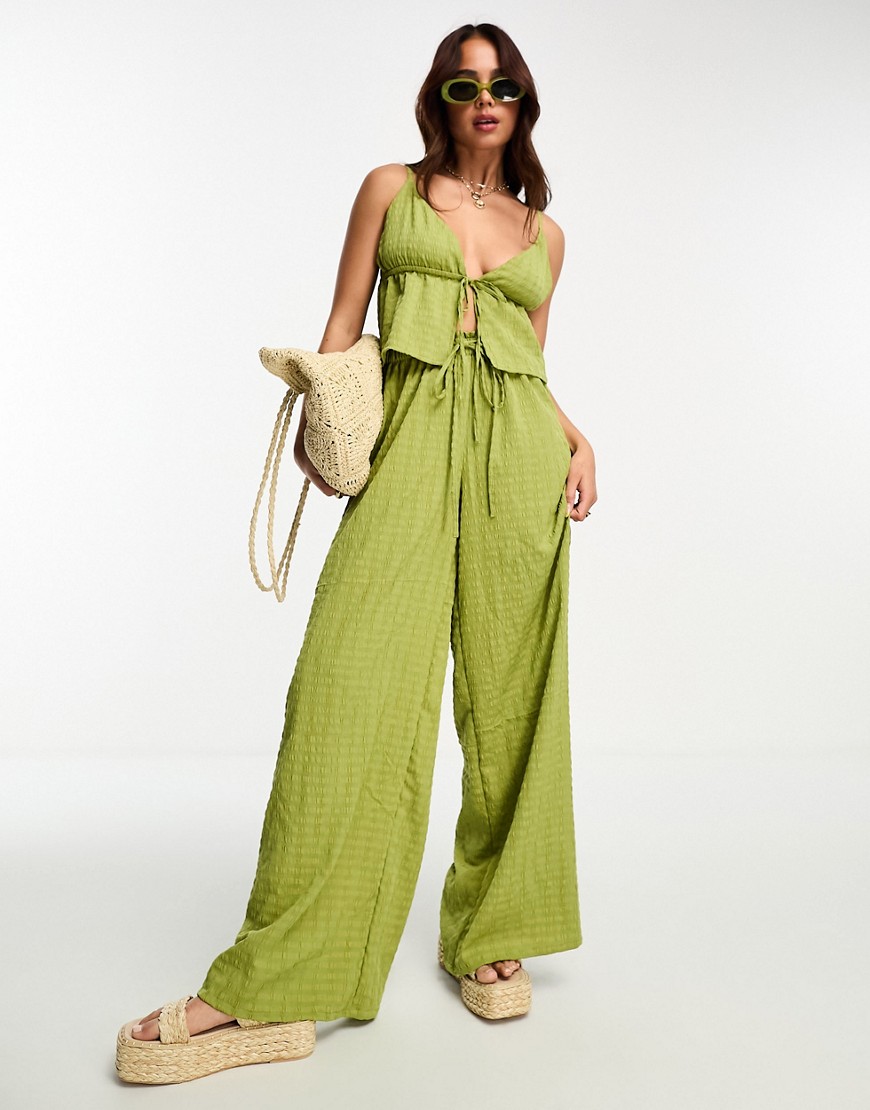 Esmee Exclusive beach textured wide leg trouser co-ord in green