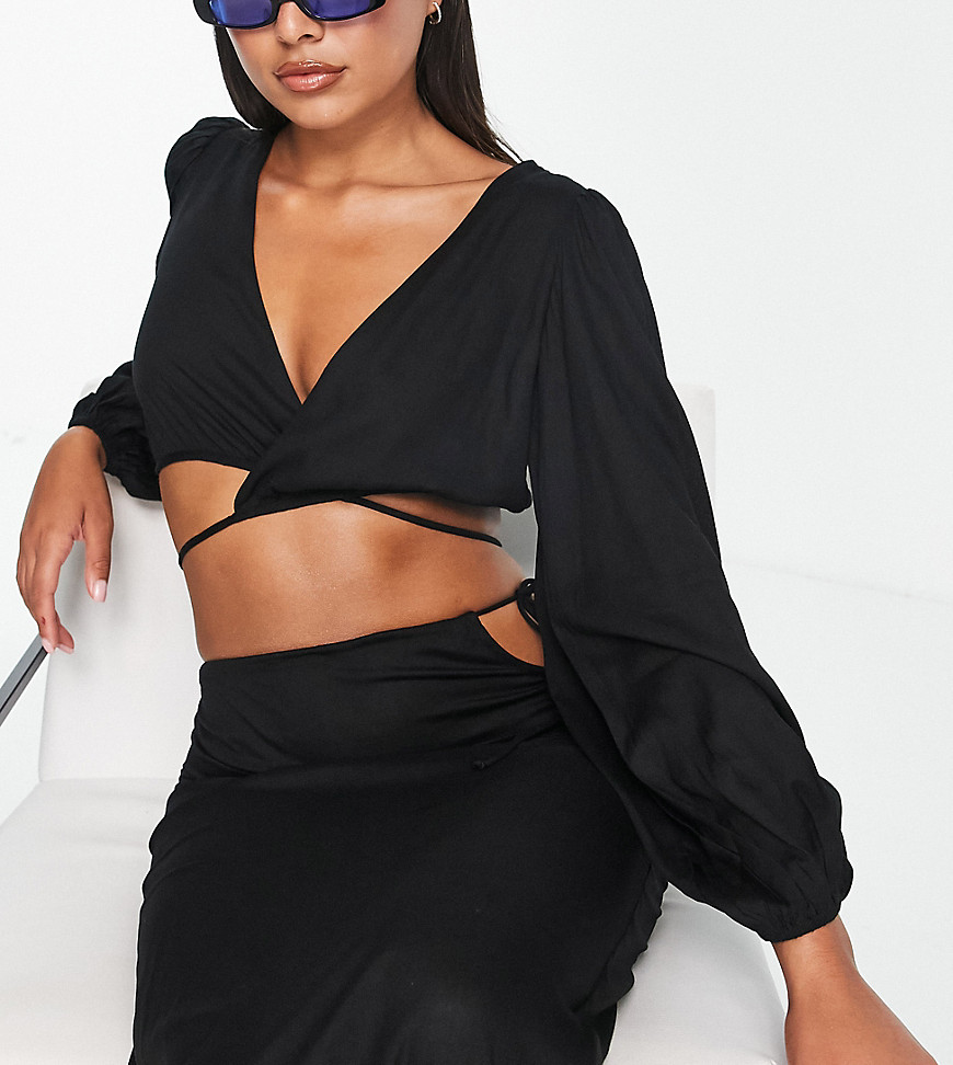 Esmee Exclusive beach tie wrap crop top with exaggerated sleeves co-ord in black