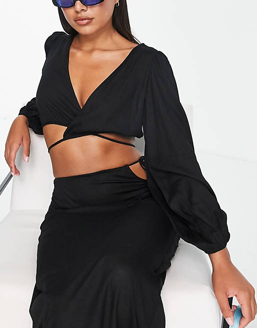 Esmee Exclusive beach tie wrap crop top with exaggerated sleeves in black (part of a set)