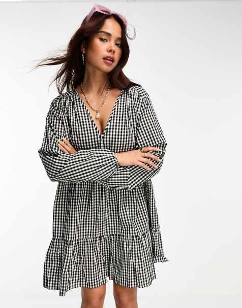 Esmee Exclusive beach tiered smock mini summer dress in black and white gingham 