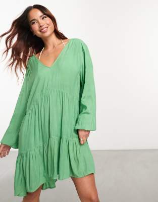 Forever New tiered metallic plisse mini dress in emerald green