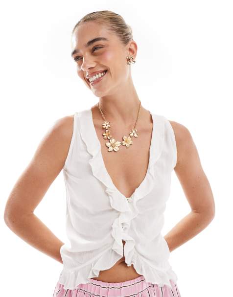 Esmée Exclusive beach top with frill neckline detail in white - view 1