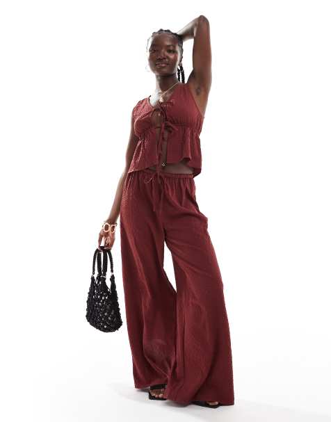 Esmee Exclusive beach trouser co-ord in textured cherry red