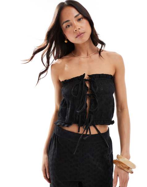 Esmee Exclusive broderie bandeau tie front crop top in black - view 1