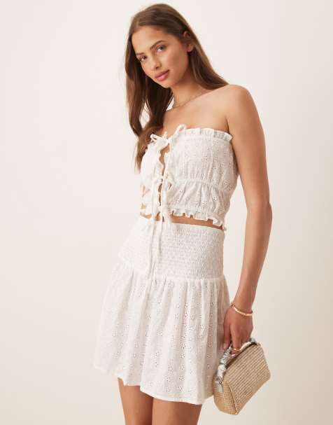 Esmee Exclusive broderie bandeau tie front crop top with frill trim in white - view 1
