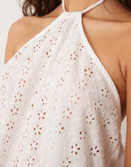 Esmee Exclusive broderie halter mini beach dress in white, 3 of 4