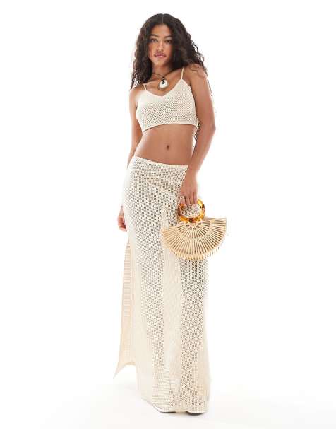 Esmee Exclusive crochet beach co-ord in beige - view 1