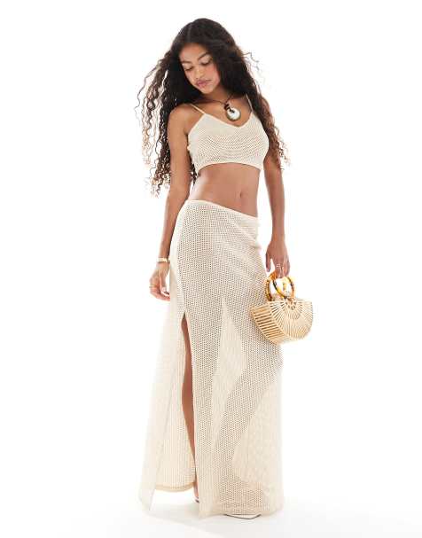 Esmee Exclusive crochet beach skirt co-ord in beige - view 1