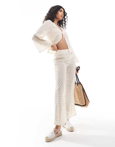 Esmee Exclusive crochet beach trouser co-ord in cream - view 1