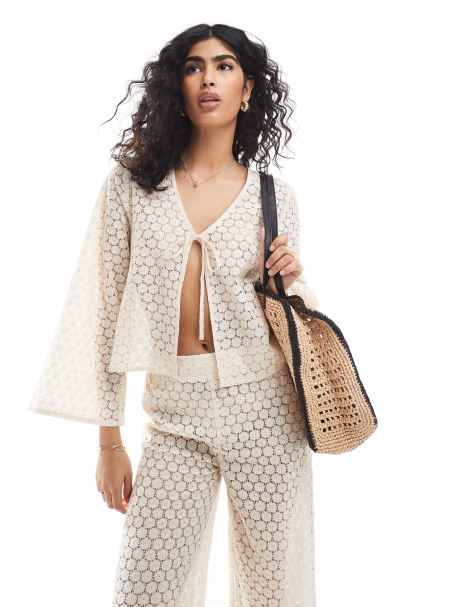 Esmee Exclusive crochet long sleeve tie front beach shirt in cream - part of a set - view 1
