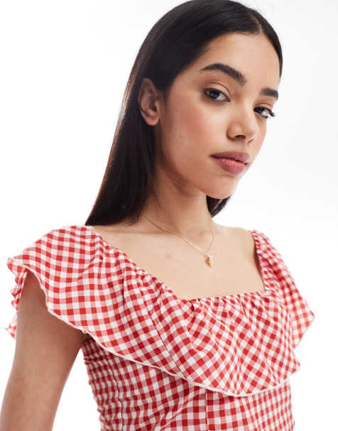Esmee Exclusive crop beach top with frill detail in red gingham