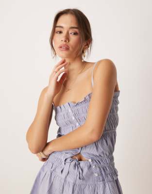 Esmée - Exclusive - Cropped Strand-Top mit blau-weißen Streifen, Stufendesign und Borte