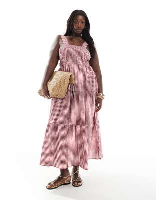 Esmee Exclusive Curve gingham tiered maxi beach dress in red and white