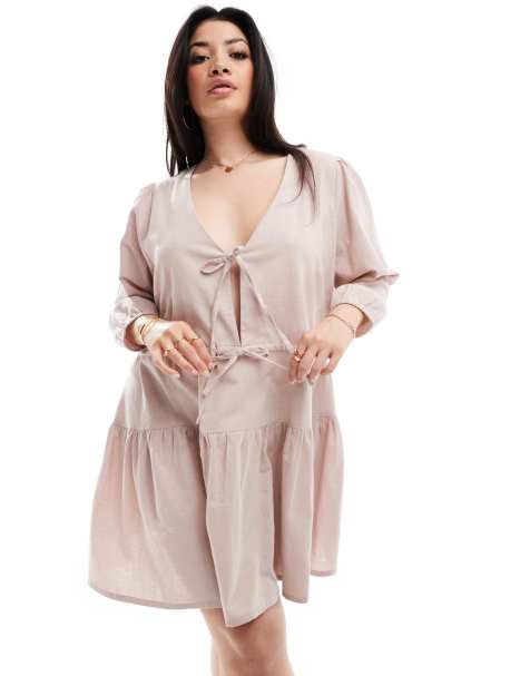 Esmee Exclusive Curve linen mix long sleeve tiered mini tie front beach dress oat - view 1