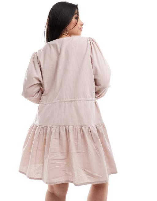 Esmee Exclusive Curve linen mix long sleeve tiered mini tie front beach dress oat, 2 of 4