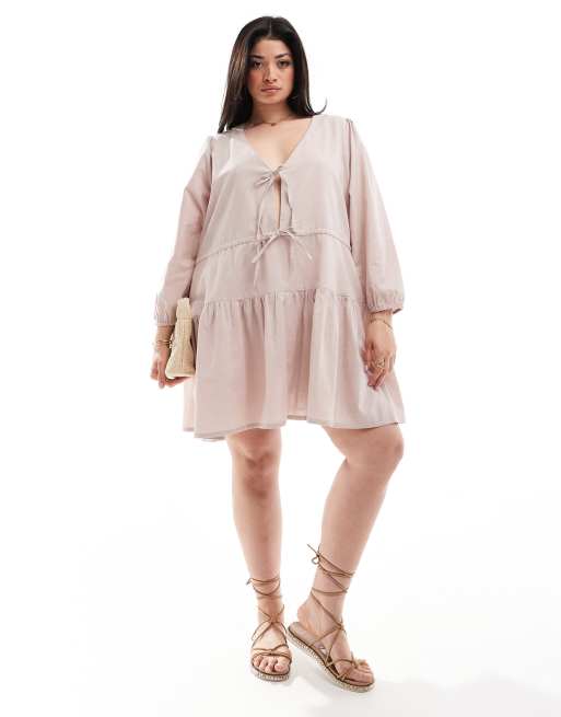 Esmee Exclusive Curve linen mix long sleeve tiered mini tie front beach dress oat, 4 of 4