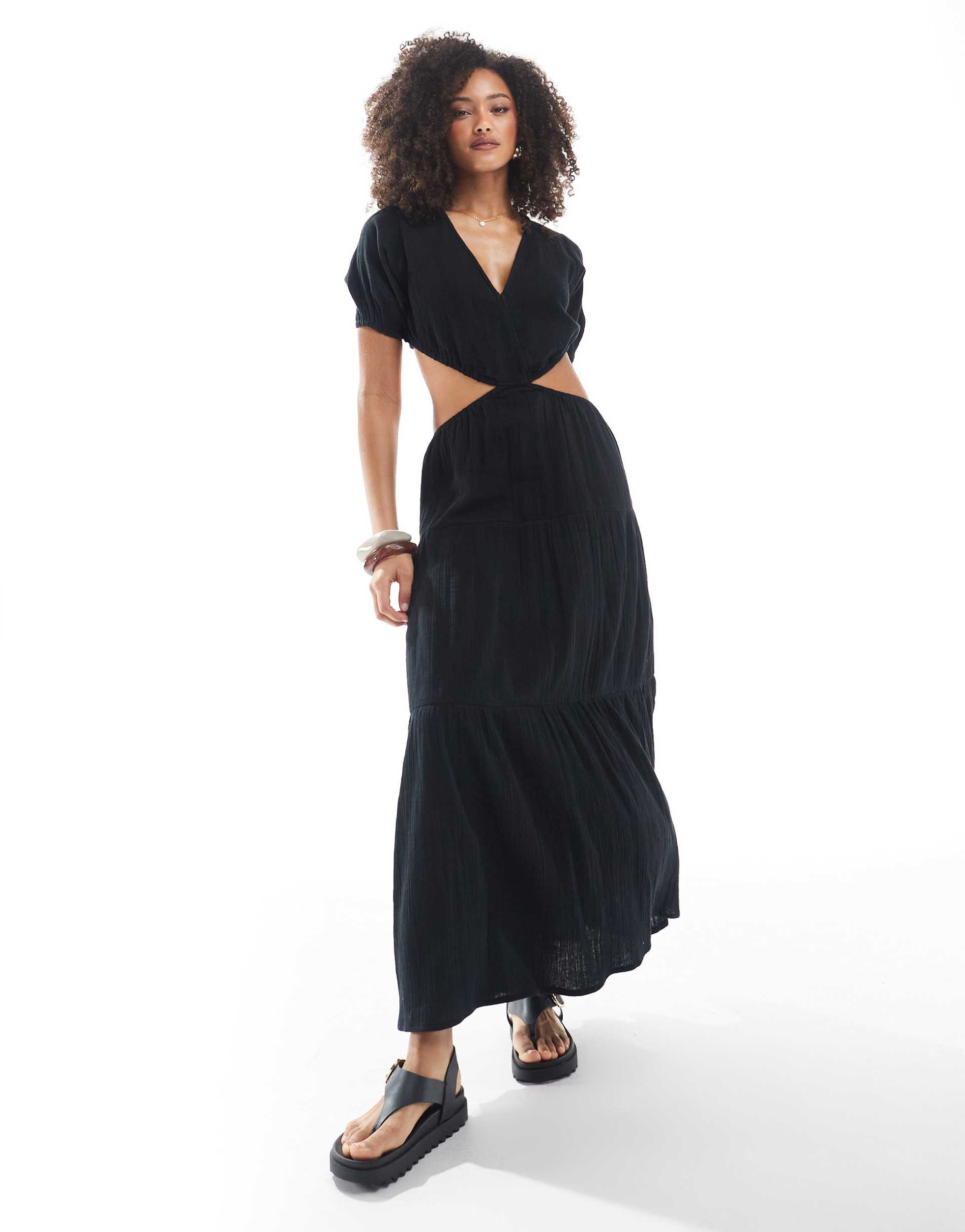 esmee exclusive cut-out tiered maxi beach dress in black