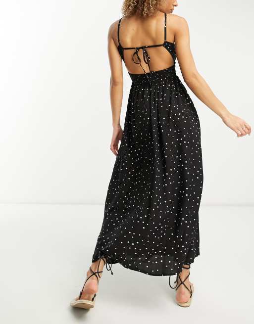 Esmee Exclusive – Czarna plażowa sukienka letnia maxi z marszczonego materiału w groszki 