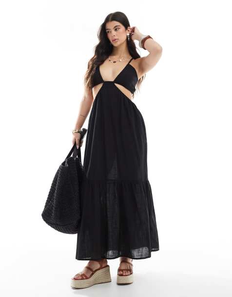 Esmée Exclusive – Czarna plażowa sukienka maxi z dekoltem halter i ozdobnym wycięciem - view 1