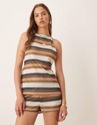Exclusive halter knit beach top in neutral chevron-Multi