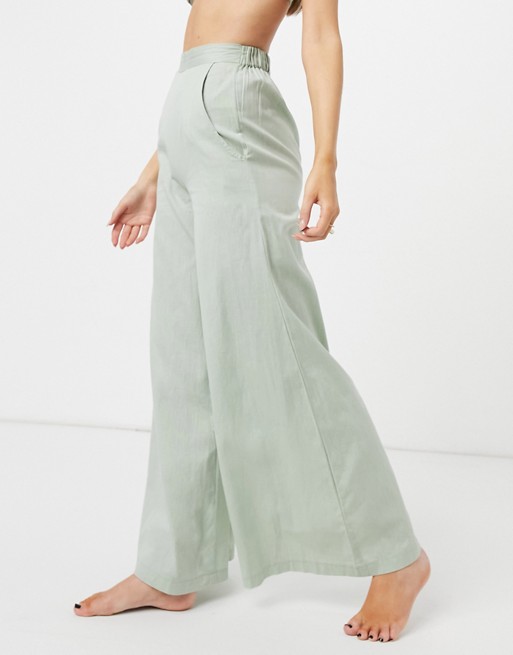 Esmee Exclusive high waist beach trouser with wide leg in khaki