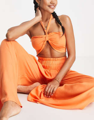 Esmee Exclusive knot front halter beach crop top co-ord in orange