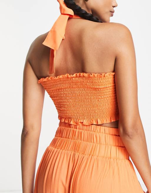 Esmee Exclusive knot front halter beach crop top in orange (part of a set), 3 of 4
