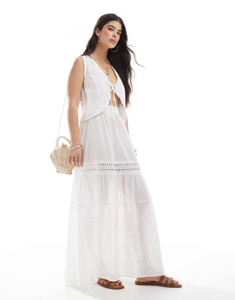 Esmee Exclusive lace panel tiered maxi beach skirt in white - view 1