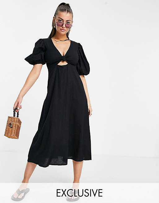 Esmee Exclusive linen cut out beach midi dress with puff sleeve in black