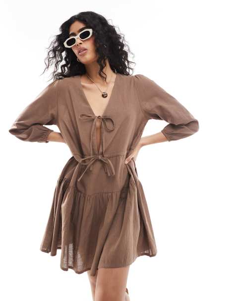 Esmee Exclusive linen mix long sleeve tiered mini tie front beach dress in brown 