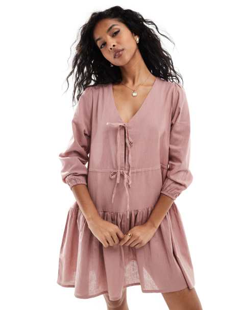Esmee Exclusive linen mix long sleeve tiered mini tie front beach dress in caramel 