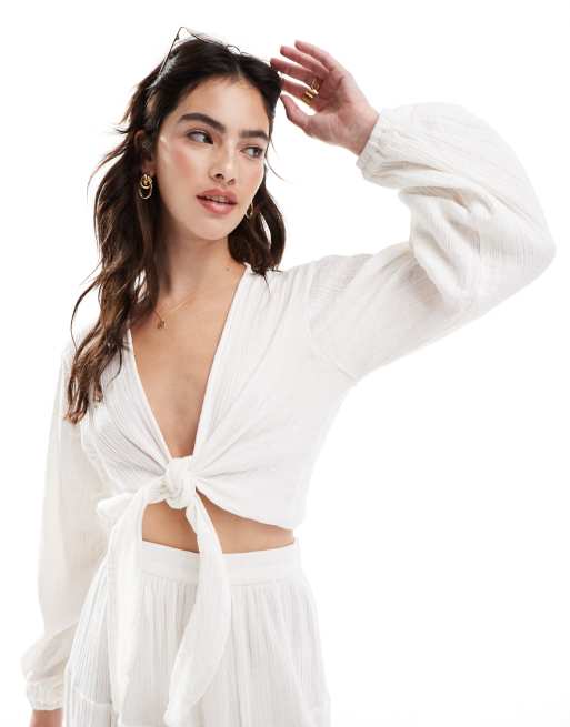 Esmee Exclusive long sleeve beach tie top with sleeve detail in white