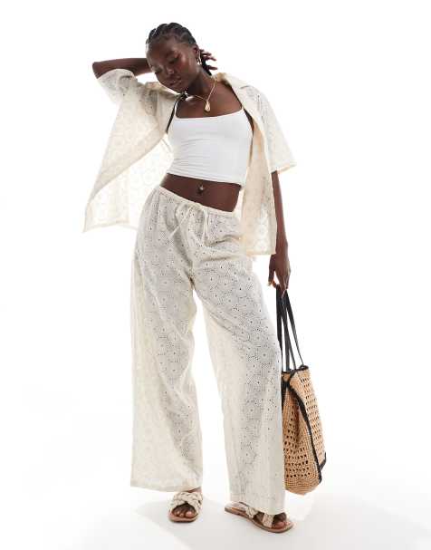 Esmee Exclusive loose fit crochet beach trouser in cream - view 1