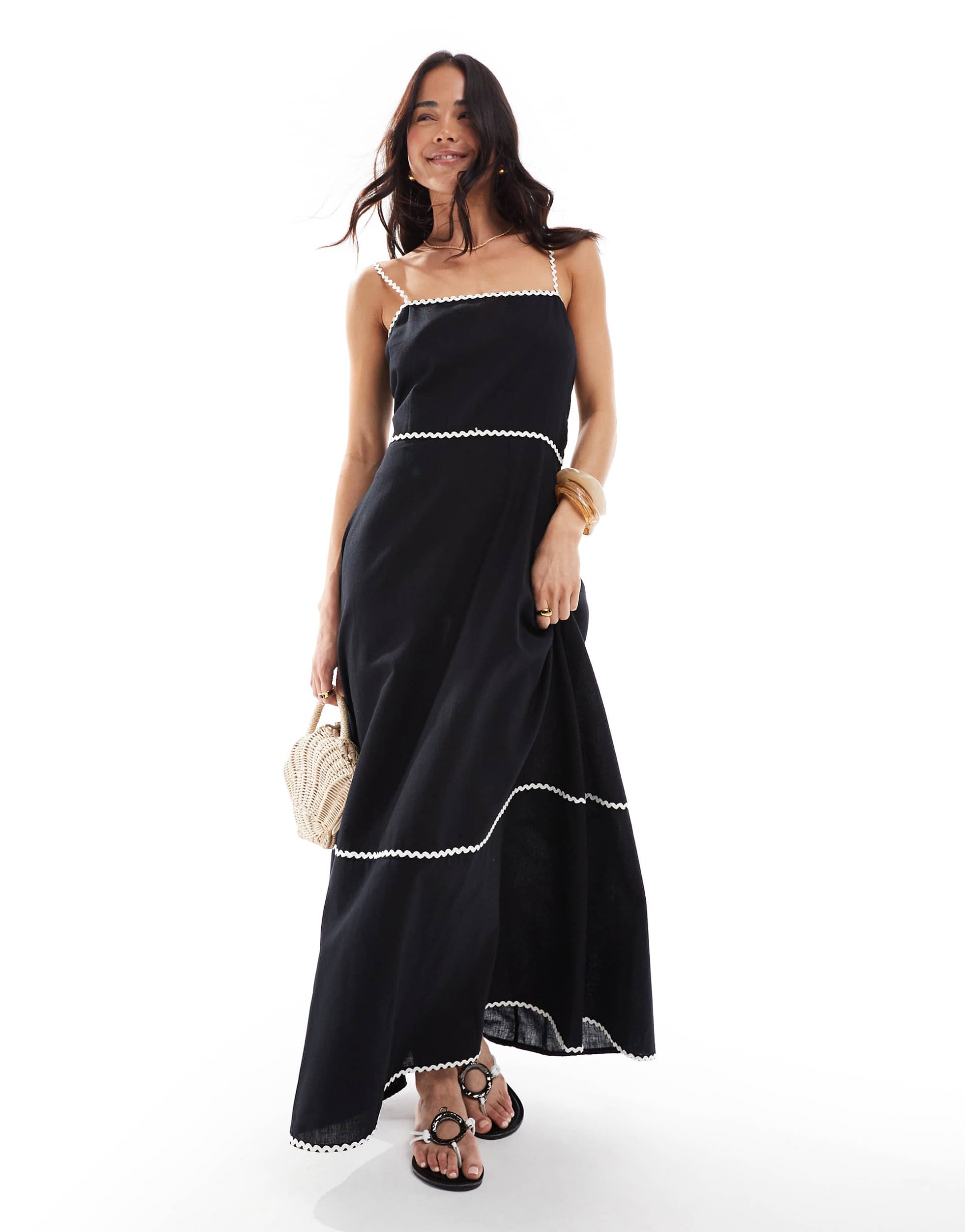 esmee exclusive maxi beach dress with white rick rack trim details in black