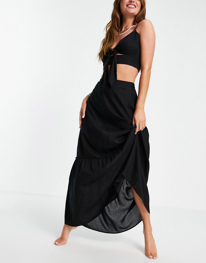 Esmee Exclusive maxi beach prairie skirt co-ord in black