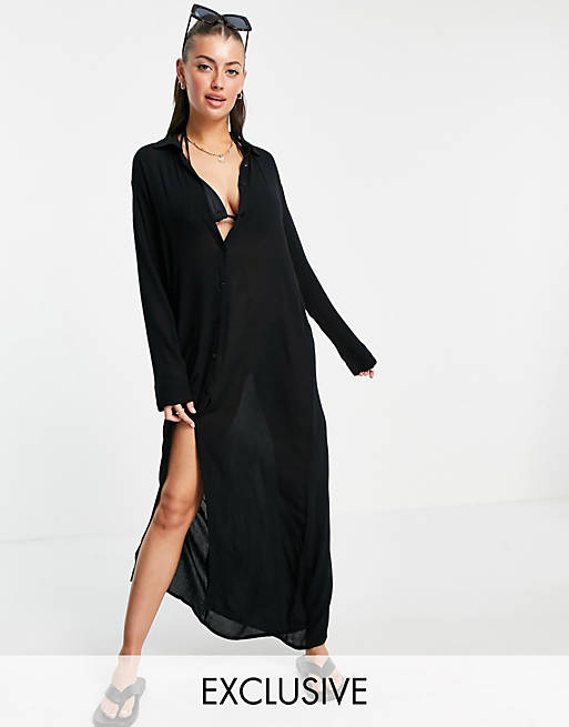 Esmee Exclusive maxi beach shirt summer dress in black