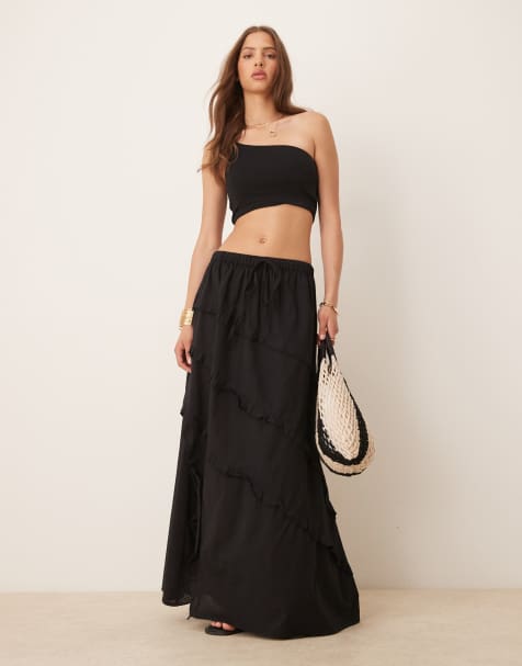 Esmee Exclusive maxi beach skirt with ruffle detail in black - view 1