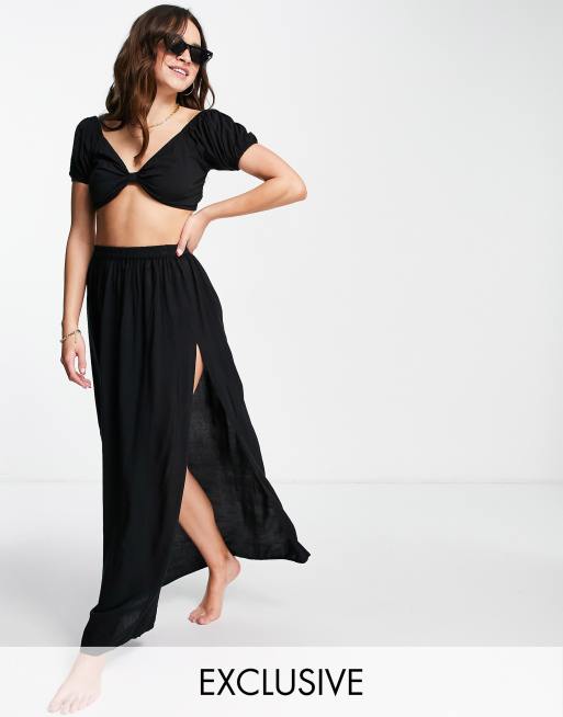 ASOS DESIGN Textured Split Front Beach Maxi Skirt In Black