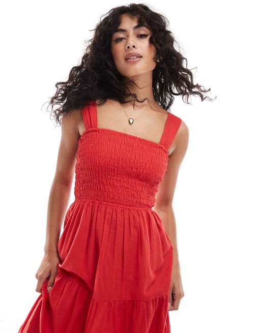 Esmee - Exclusive - Maxi strandjurk met gesmokt lijfje in donkerrood, 3 van 4